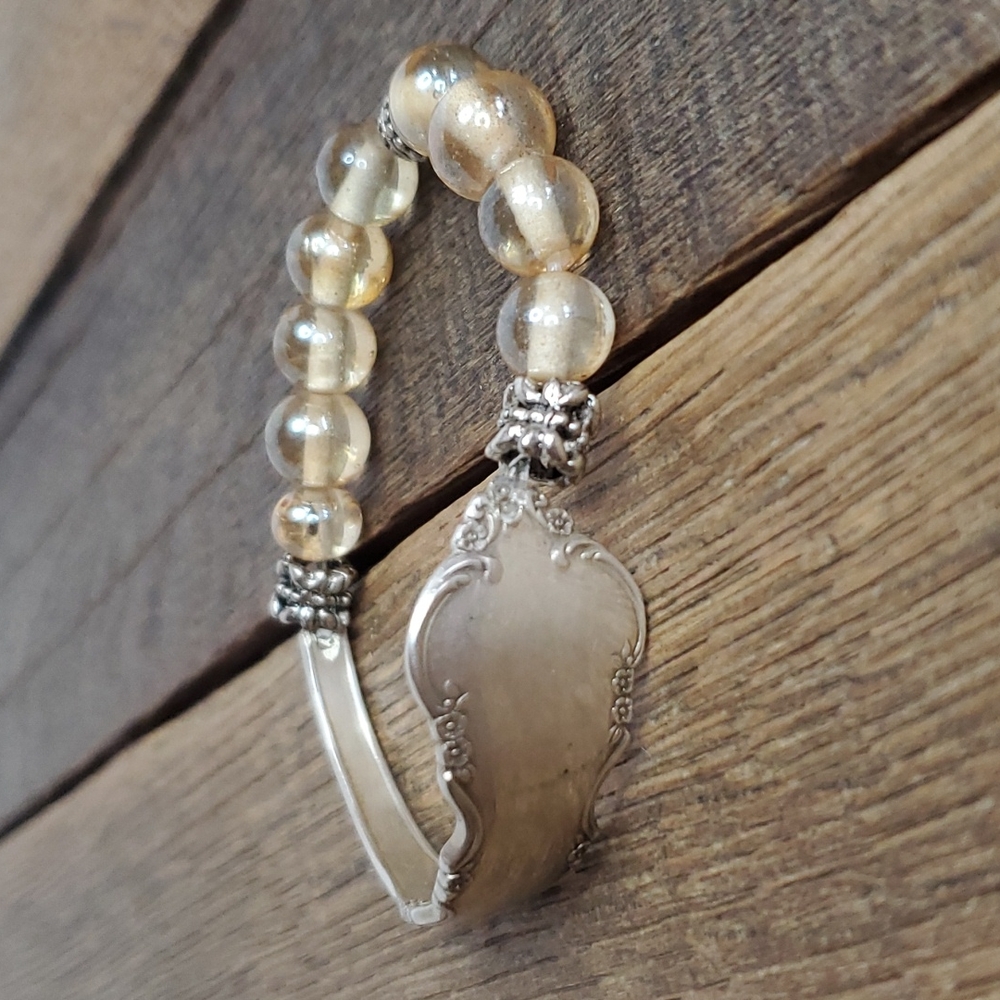 Vintage Silverware Spoon Bracelet w Glass Pearls. XS